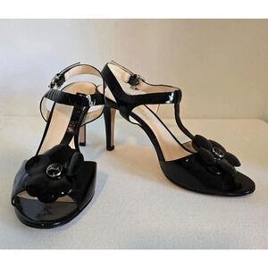 COACH Poppy Horizon Black Patent Leather Flower Ankle Heeled Sandals Sz 10 B